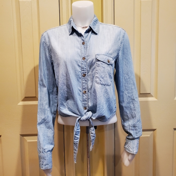 Pins and Needles Denim Cotton Crop top Front knot - Picture 3 of 5